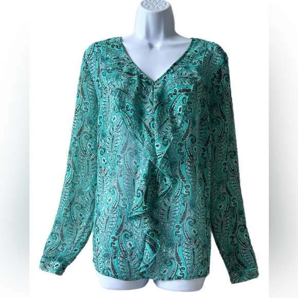 new directions Tops - New Directions Aqua Paisley V-Neck Blouse Women Size XL